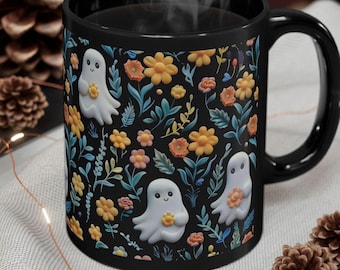 Vintage Floral Ghost Design Coffee Mug, Cute Spooky Ghosts In Autumn Flowers Teacup, Halloween Black Coffee Cup, 11 15 Ounce Ceramic Mug