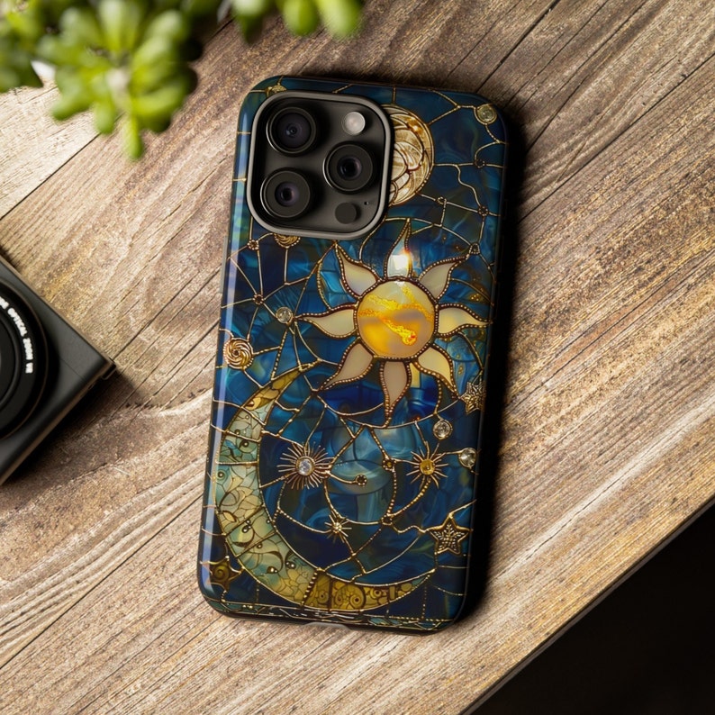 Celestial Stained Glass Print Moon & Stars Phone Case, Faux Stain Glass Starry Night Sky Design Phone Cover, iPhone 15, Pixel 8, Samsung S24 image 6