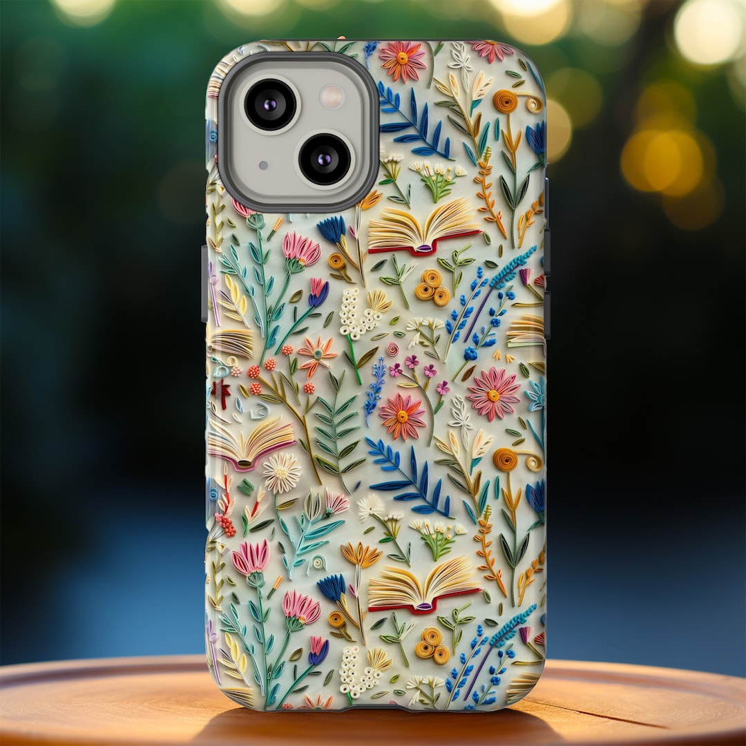 Threaded Tales 3D Embroidery Floral Bookish Phone Case, Faux