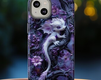 Purple Floral White Baby Dragon Tough Phone Case Cover For iPhone Google Pixel Samsung Galaxy