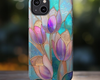 Stained Glass Tulip Flower Phone Case, Faux Stain Glass Floral Tulip Phone Cover iPhone 16 15 14 Google Pixel 9 8 7 Samsung Galaxy S25 24 23