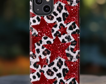 Cover per telefono con stelle glitterate rosse e stampa leopardata, graziosa stampa animalier country western, per iPhone 15 14 13 Pro Max, Pixel 8 7, Samsung S24 S23 Ultra Plus