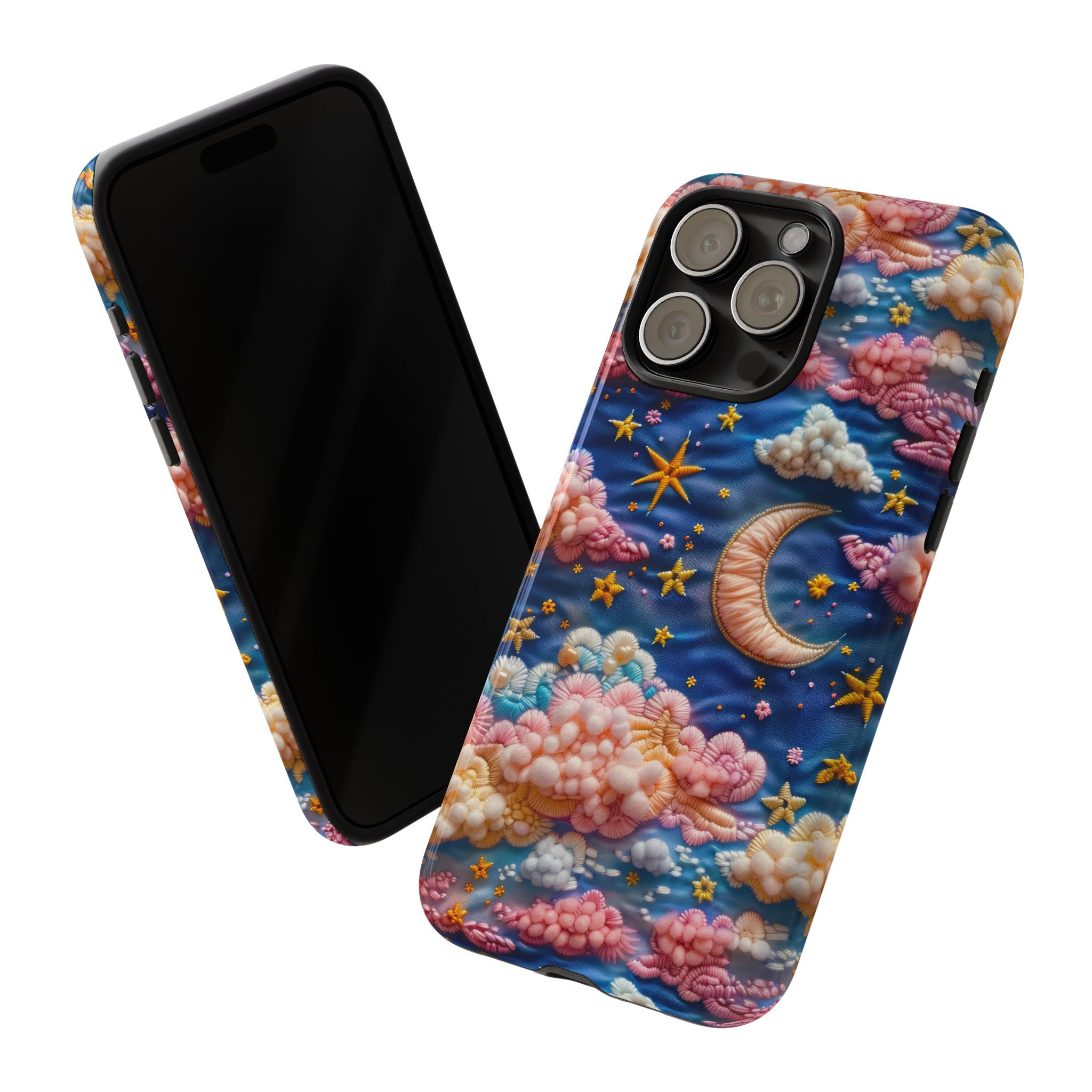 Astral Blossoms 3D Celestial Rainbow Embroidered Phone Case | Colorful Faux Embroidery 3D Stars & Moon Phone Cover For iPhone Samsung Pixel
