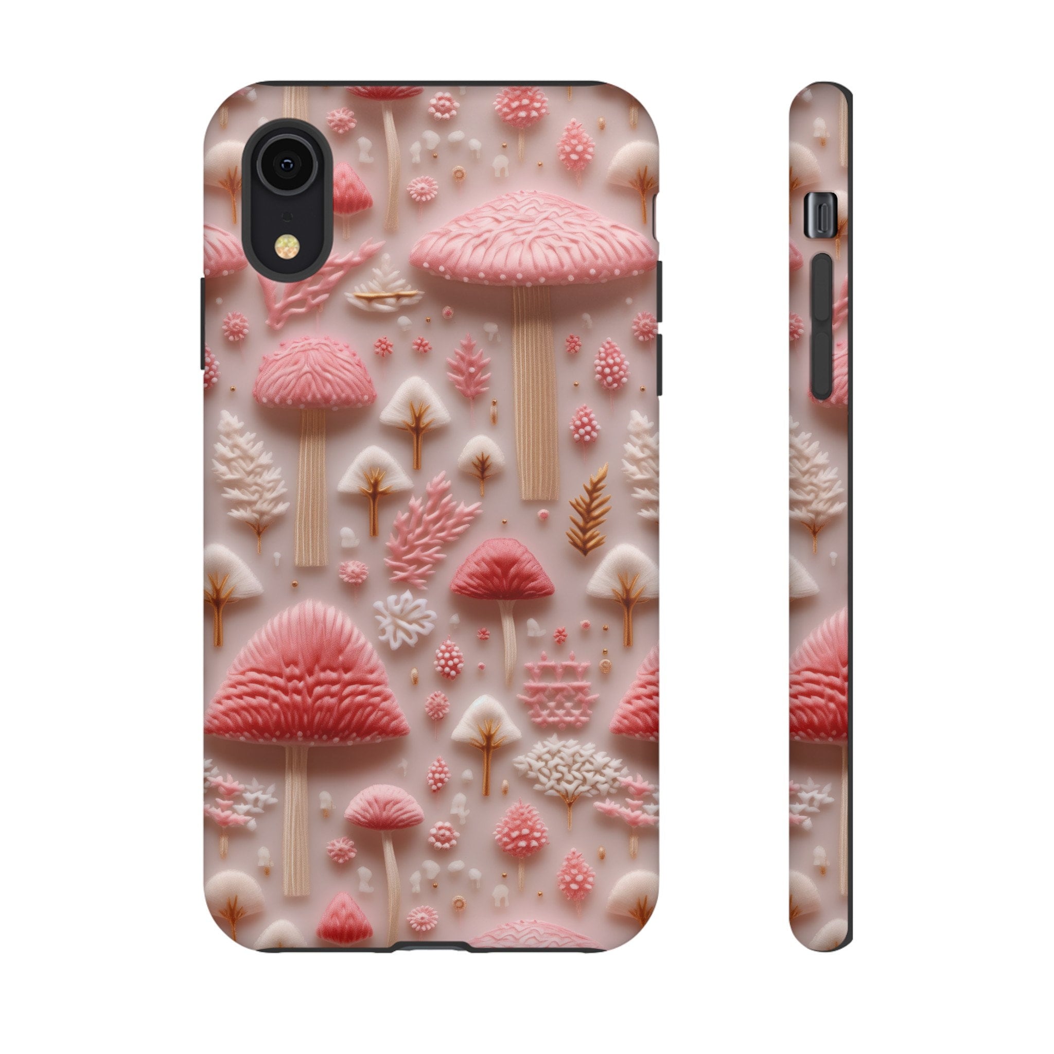 3D Pink Mushroom Phone Case, Faux Embroidery Mushroom Design Phone Cover, Cute Cottagecore Case iPhone 15 14 13, Pixel 8 7, Samsung S24 S23