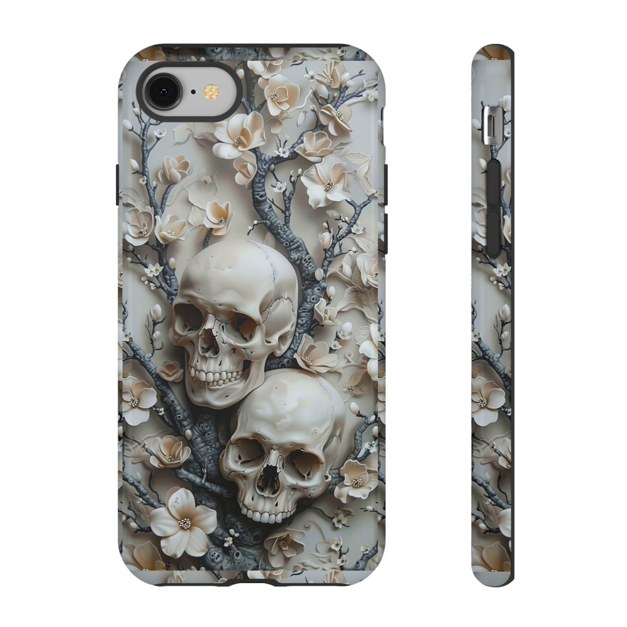 3D Gothic Skulls In Flowers Phone Case | Dark Academia Floral Skull Phone Case | iPhone 15 14 Pro Max, Pixel 8 7, Samsung S24 S23 Ultra Plus