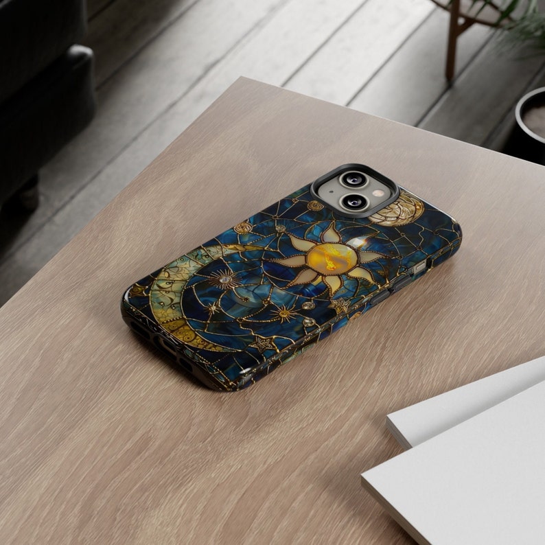 Celestial Stained Glass Print Moon & Stars Phone Case, Faux Stain Glass Starry Night Sky Design Phone Cover, iPhone 15, Pixel 8, Samsung S24 image 7