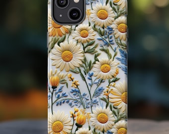 Embroidered Daisies Tough Phone Case, Faux Embroidery Cute Spring Daisy iPhone 16 15 14 Pro Max Google Pixel 9 8 7 Samsung Galaxy S25 24 23