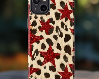 Custodia per telefono con stampa ghepardo a stella glitterata rossa, graziosa stampa animalier country western, per iPhone 15 14 13 Pro Max, Pixel 8 7, Samsung S24 S23 Ultra Plus