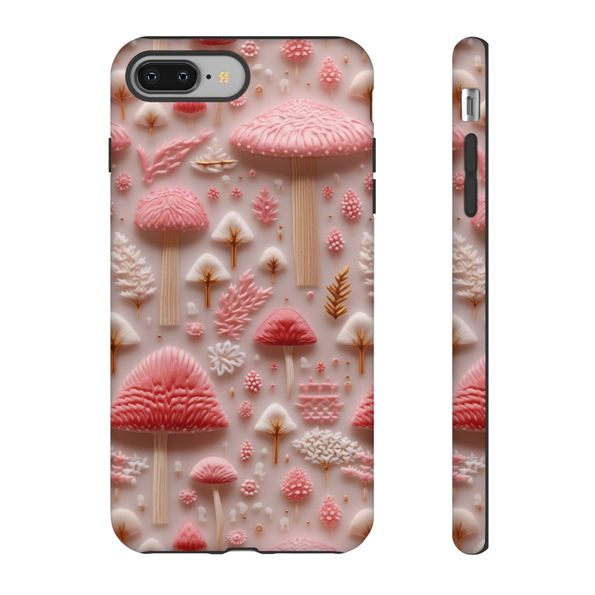 3D Pink Mushroom Phone Case, Faux Embroidery Mushroom Design Phone Cover, Cute Cottagecore Case iPhone 15 14 13, Pixel 8 7, Samsung S24 S23