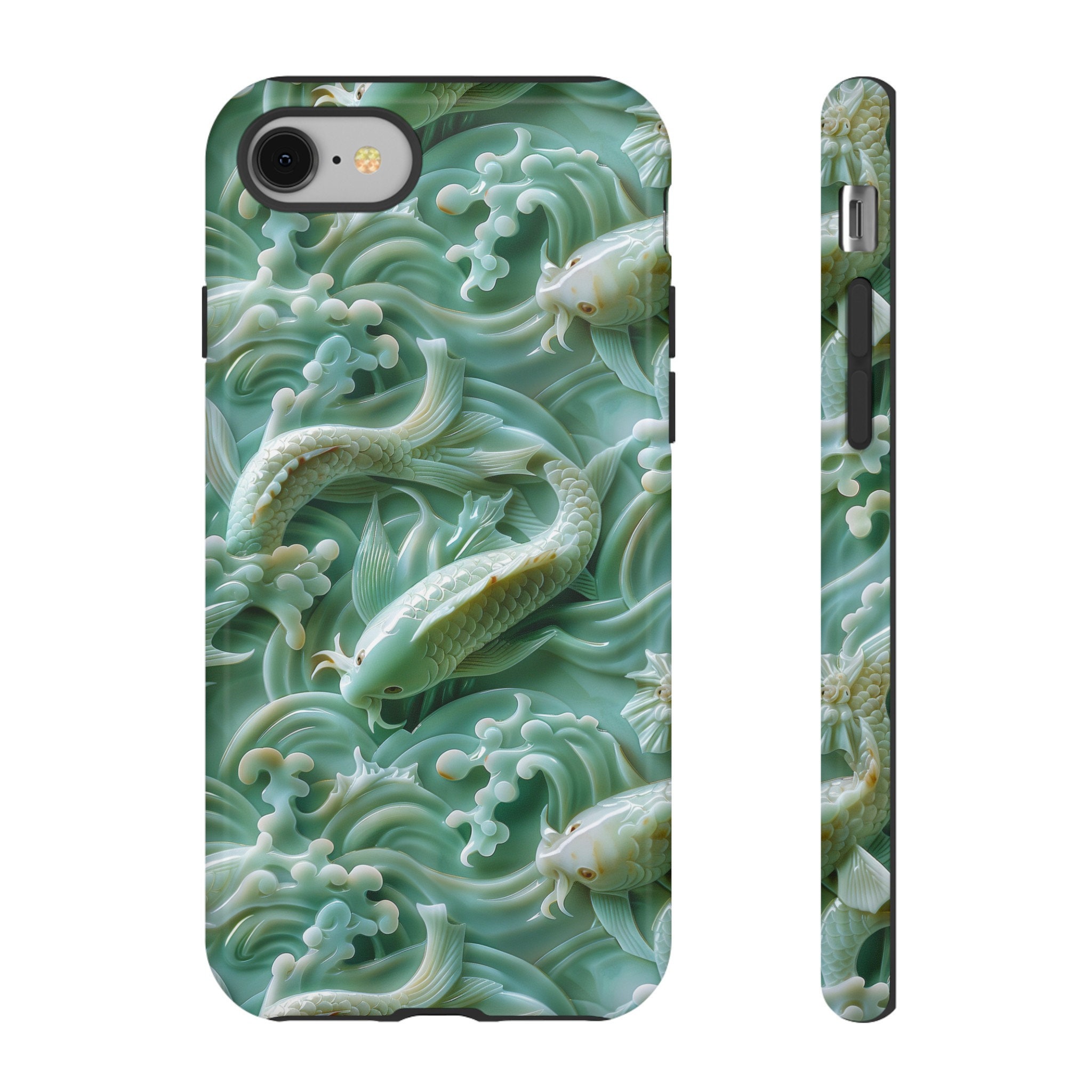Asian Jade Carving Koi Phone Case | 3D Marble Fish Landscape | iPhone 15 14 Pro Max | Google Pixel 8 7 Pro | Samsung Galaxy S24 S22 Ultra