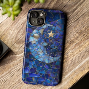 Celestial Stained Glass Moon and Stars Phone Case | Faux Stain Glass Starry Night Sky Design Phone Cover | iPhone 15 | Pixel 8 | Samsung S24