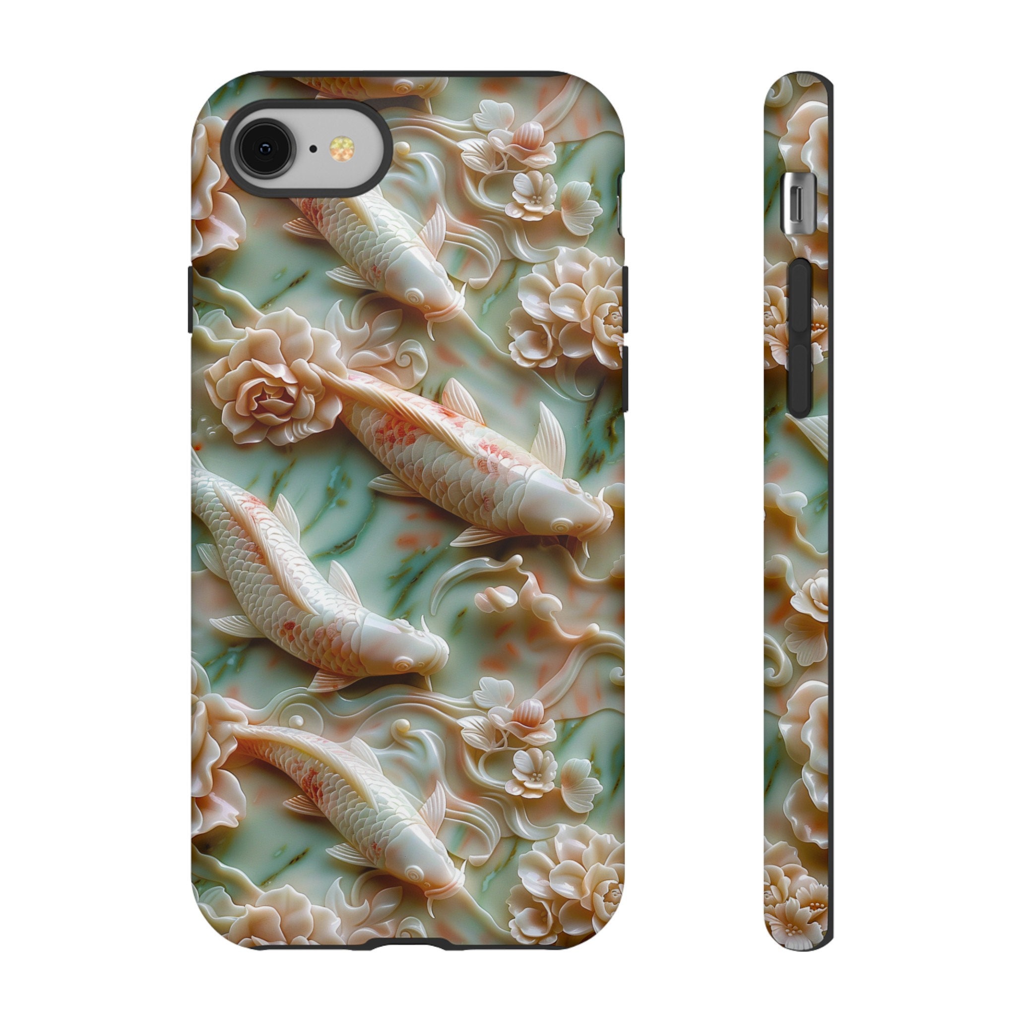 Asian Jade Koi Fish Carving Phone Case, Pink Marble Koi Fish Pond, iPhone 15 14 Pro Max, Google Pixel 8 Pro, Samsung Galaxy S24 S22 Ultra