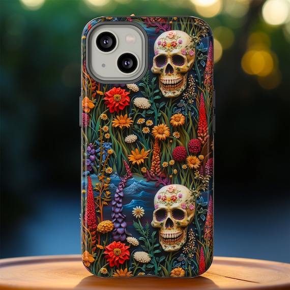 Gothic Garden Floral Skull Phone Case, Faux Embroidery Skeletons In Bloom Dark Cottagecore Phone Cover iPhone Pixel Samsung