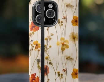 Pressed Flowers Flip Phone Case, Retro Watercolor Wallet Phone Case, iPhone 16 15 14 13 Pro Max, Samsung Galaxy S25 24 23 22 21 Plus Ultra
