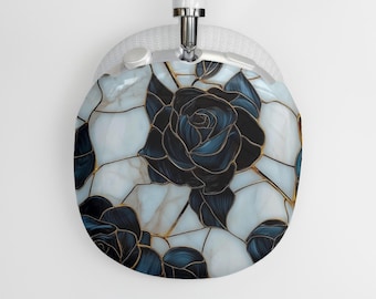 Black Rose Marbled Look AirPod Max Headphone Cover, Beautiful Faux Marble Floral AirPods Max Earphone Case, Music Lover Gift Accessory