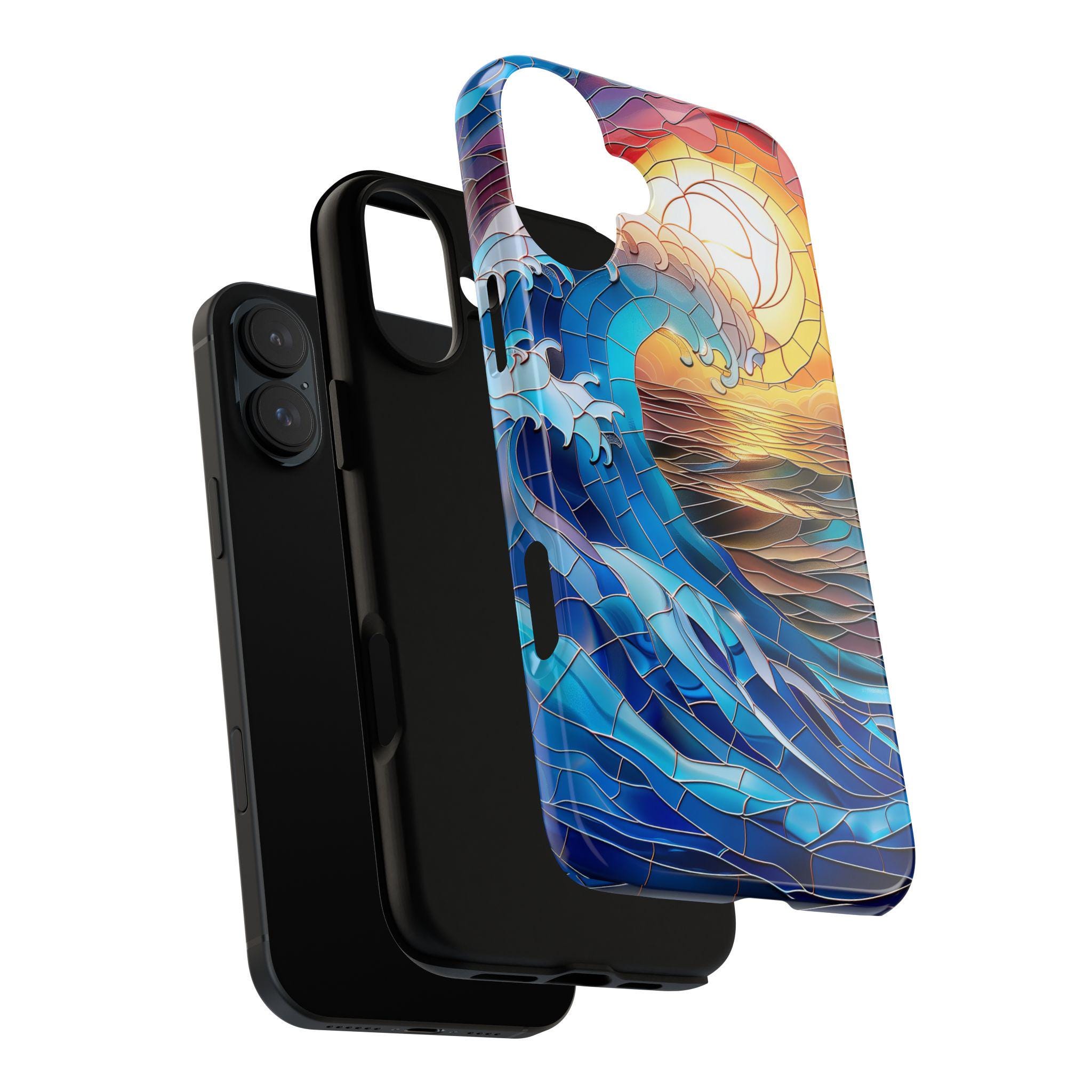 Stained Glass Effect Sunset Surf Phone Case, Beach Theme Mosaic