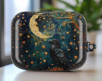 Spooky Moonlight Raven AirPod Pro Protective Shell Case, Gothic Starry Night Crow Celestial Moon Stars AirPods Earphone Cover Gen 1 2 3 4