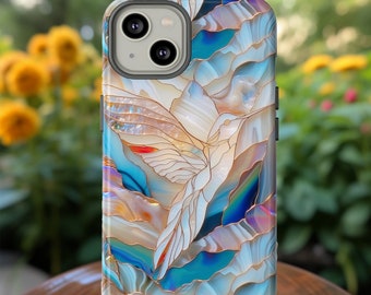 Winged Whispers Faux Stained Glass Hummingbird Phone Case | Mother Of Pearl Stained Glass Effect Mosaic Phone Cover For iPhone Pixel Samsung