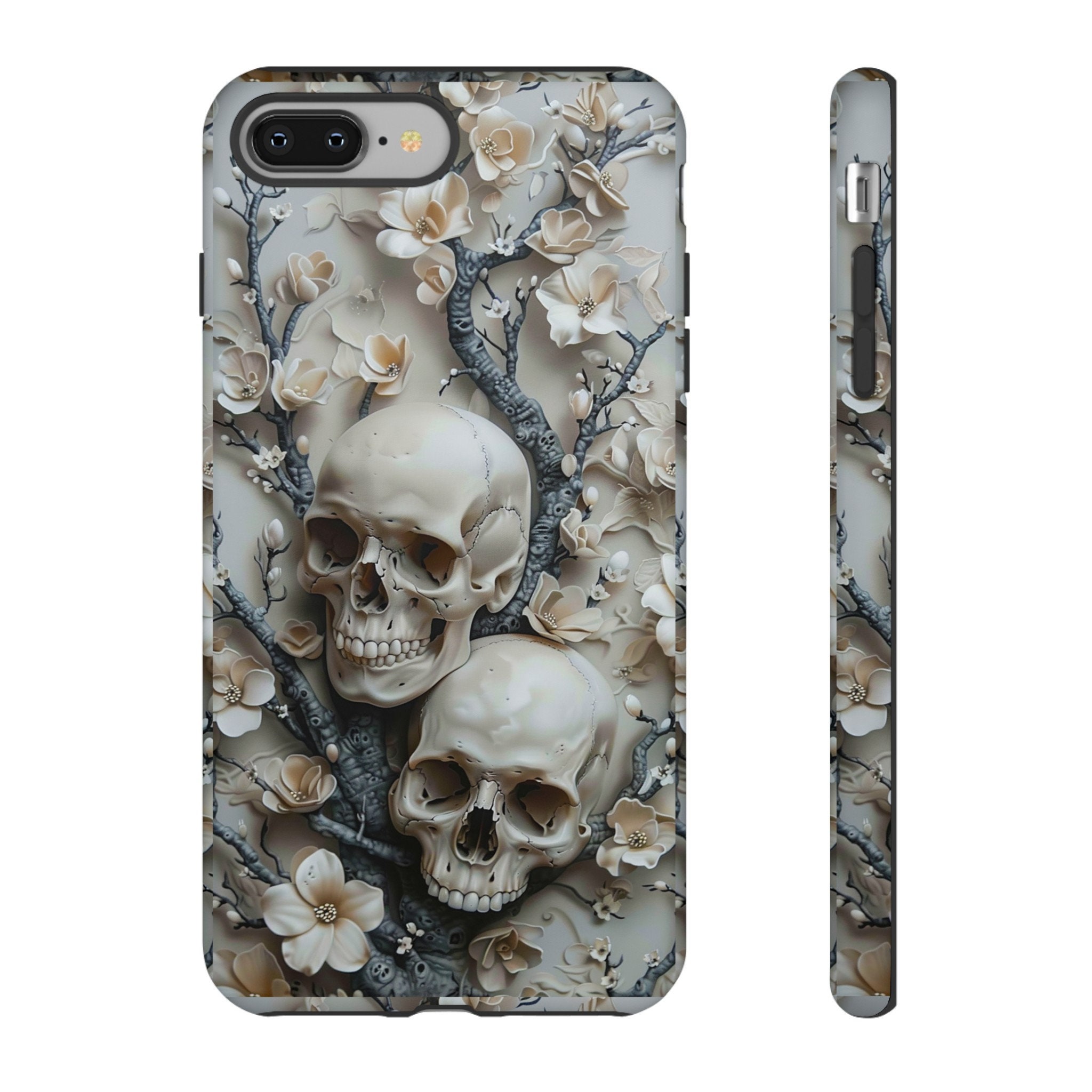 3D Gothic Skulls In Flowers Phone Case | Dark Academia Floral Skull Phone Case | iPhone 15 14 Pro Max, Pixel 8 7, Samsung S24 S23 Ultra Plus