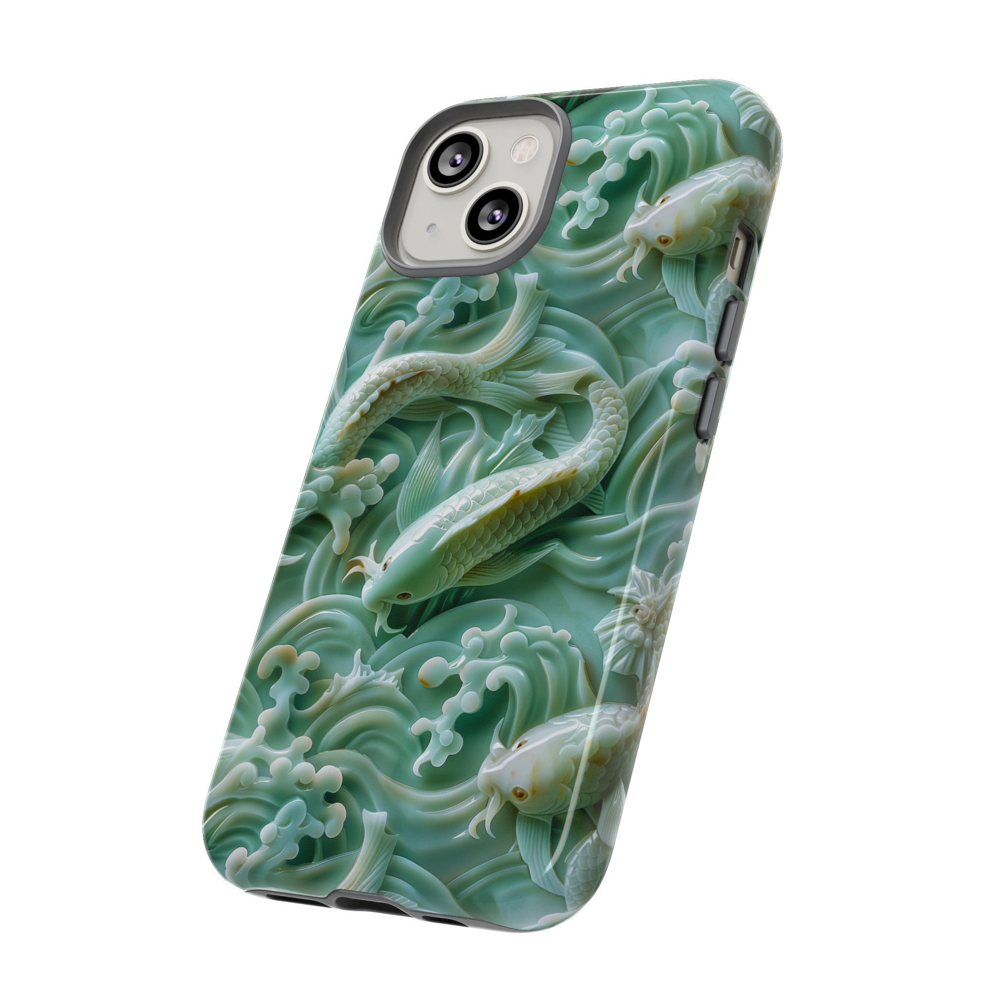 Asian Jade Carving Koi Phone Case | 3D Marble Fish Landscape | iPhone 15 14 Pro Max | Google Pixel 8 7 Pro | Samsung Galaxy S24 S22 Ultra