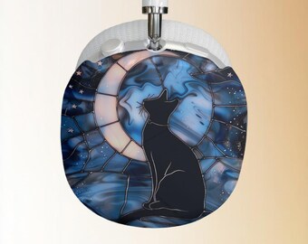 Fundas para AirPods Max con diseño de gato celestial de imitación de vitral, funda para AirPods con gatito gótico y luna, regalo, accesorio tecnológico único y moderno para auriculares