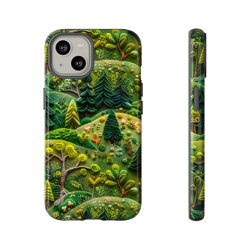 Emerald Felt Forest Phone Case | 3D Forest Green Trees Faux Embroidery Phone Cover | iPhone 15 Pro Max | Pixel 8 Pro | Samsung S24 Ultra image 2