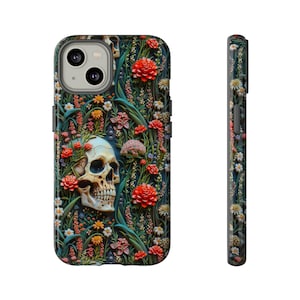 Spring In Your Skull Phone Case | Embroidered Look Spooky Floral Skeleton Dark Cottagecore Phone Cover For iPhone | Pixel | Samsung