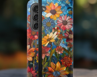 Faux Stained Glass Wildflowers Flip Phone Case, Floral Collage Phone Wallet, iPhone 16 15 14 13 Pro Max, Samsung S25 24 23 22 21 Plus Ultra
