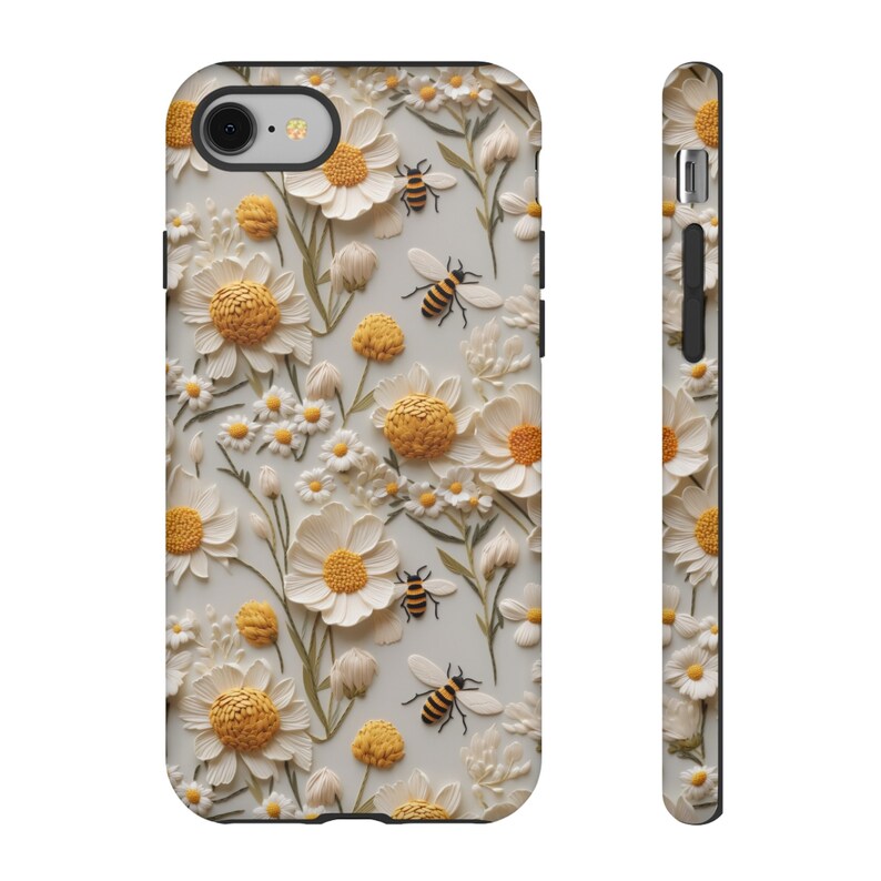 Custodia per telefono con fiori e bombi in 3D / Custodia per telefono con api floreali carine e ricamo finto per iPhone 15, Google Pixel 8, Samsung Galaxy S24 immagine 8