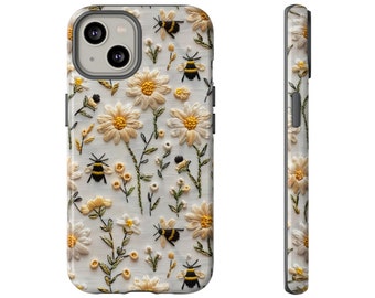 3D Embroidered Foral Bumblebee Phone Case | Faux Embroidery Cute Floral Bees Phone Cover iPhone Google Pixel Samsung Galaxy | Bee Lover Gift