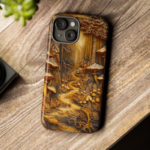 Nature Wooden Rustic Mountain Phone Case, Faux Natural Wood Mushroom Design, iPhone Pro Max, Google Pixel Pro, Samsung Galaxy Ultra Plus
