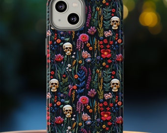 Coque De Portable Crânes De Fleurs Sauvages Garden Of Bones | Coque iPhone Squelettes en fleurs gothiques brodées 3D pour iPhone pixel Samsung Galaxy