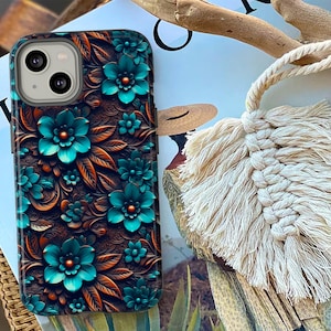 Western Boho Phone Case | Faux Tooled Leather Turquoise Floral Phone Case | Country Leather Phone Cover For iPhone | Samsung | Pixel
