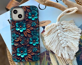 Western Boho Phone Case | Tooled Leather Effect Turquoise Floral Phone Case