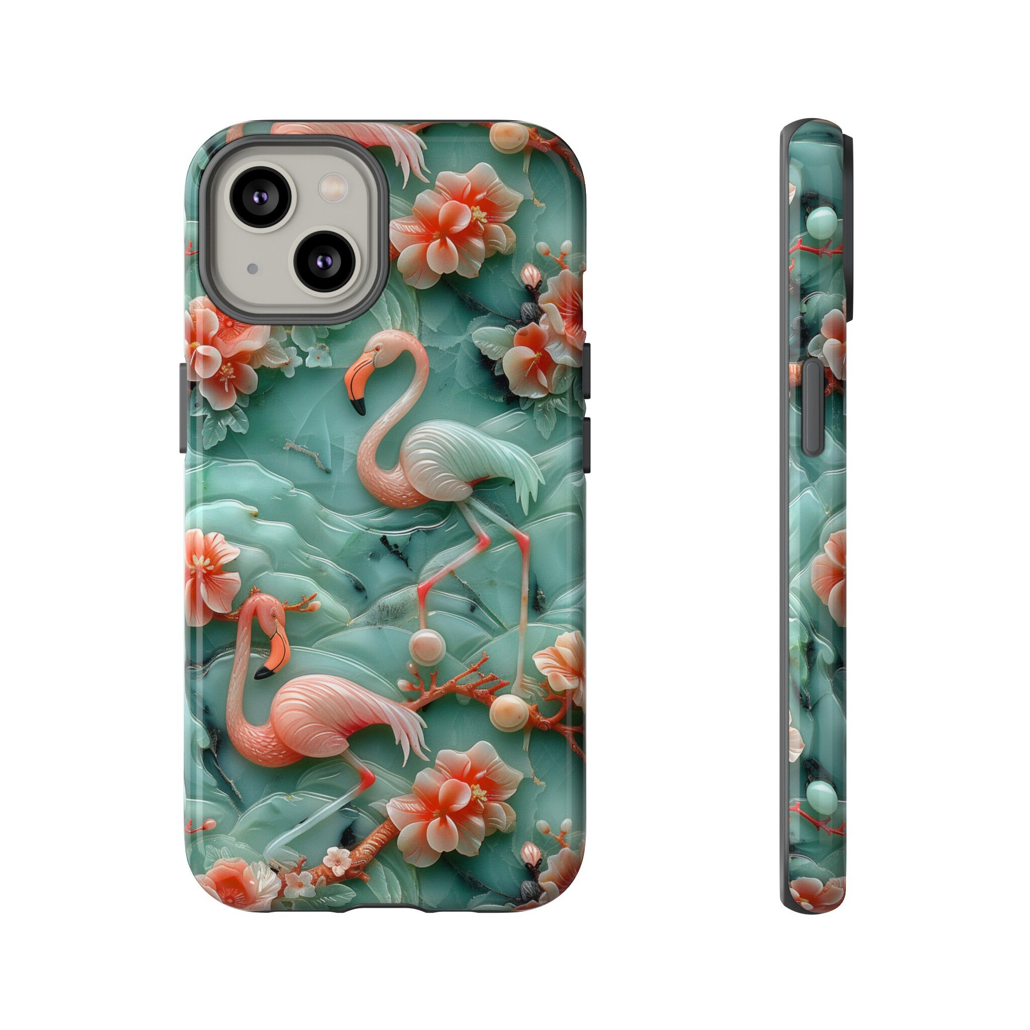 Asian Jade Flamingo Phone Case | Pink Marble Flamingo Landscape | iPhone 15 14 Pro Max | Google Pixel 8 7 Pro | Samsung Galaxy S24 S22 Ultra