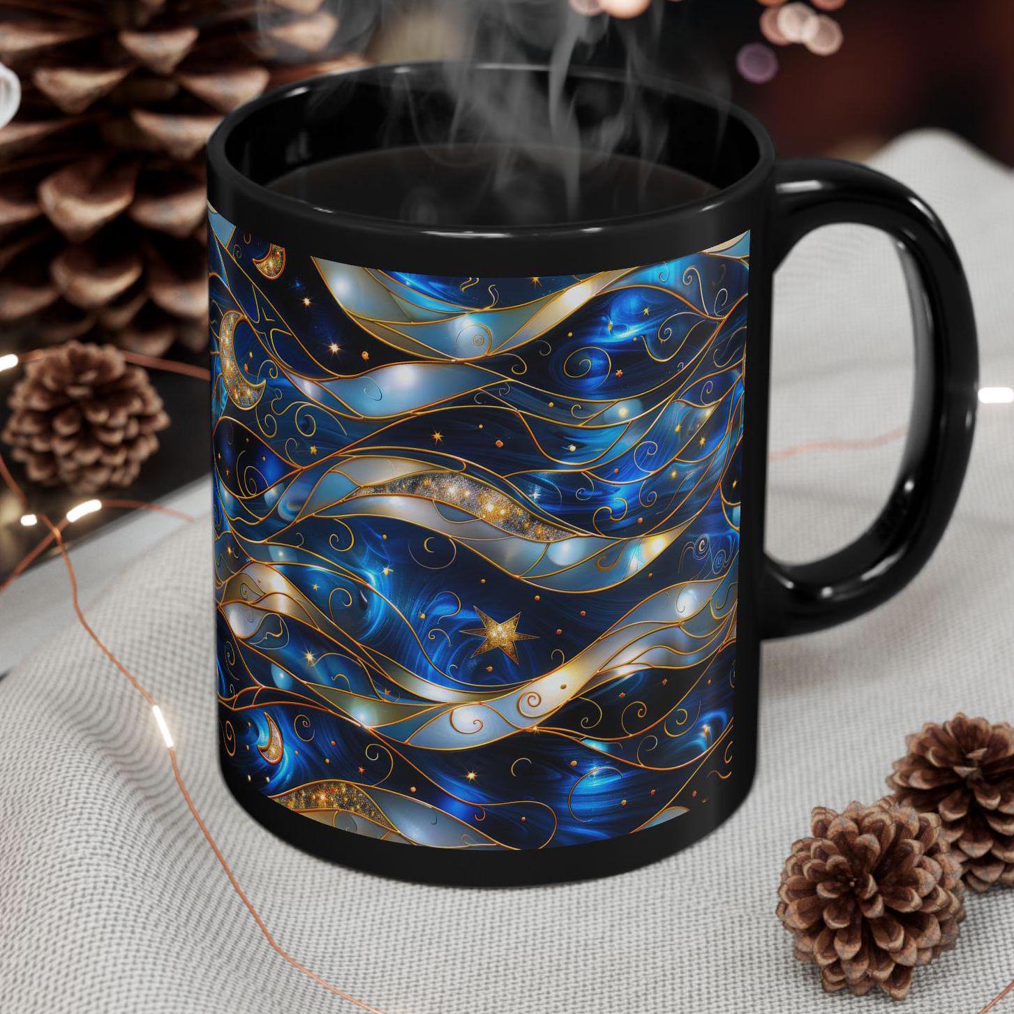 Celestial Stained Glass Coffee Mug, Dark Academia Witchy Stain Glass Stars Moon Teacup, Heavenly Starry Night Design Black Coffee Cup