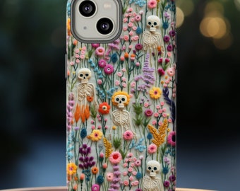 Spooks Come Out At Night Skeleton Phone Case, Embroidered Look Floral Charm Phone Cover, Gothic Cottagecore, iPhone Pixel Samsung S24 Plus