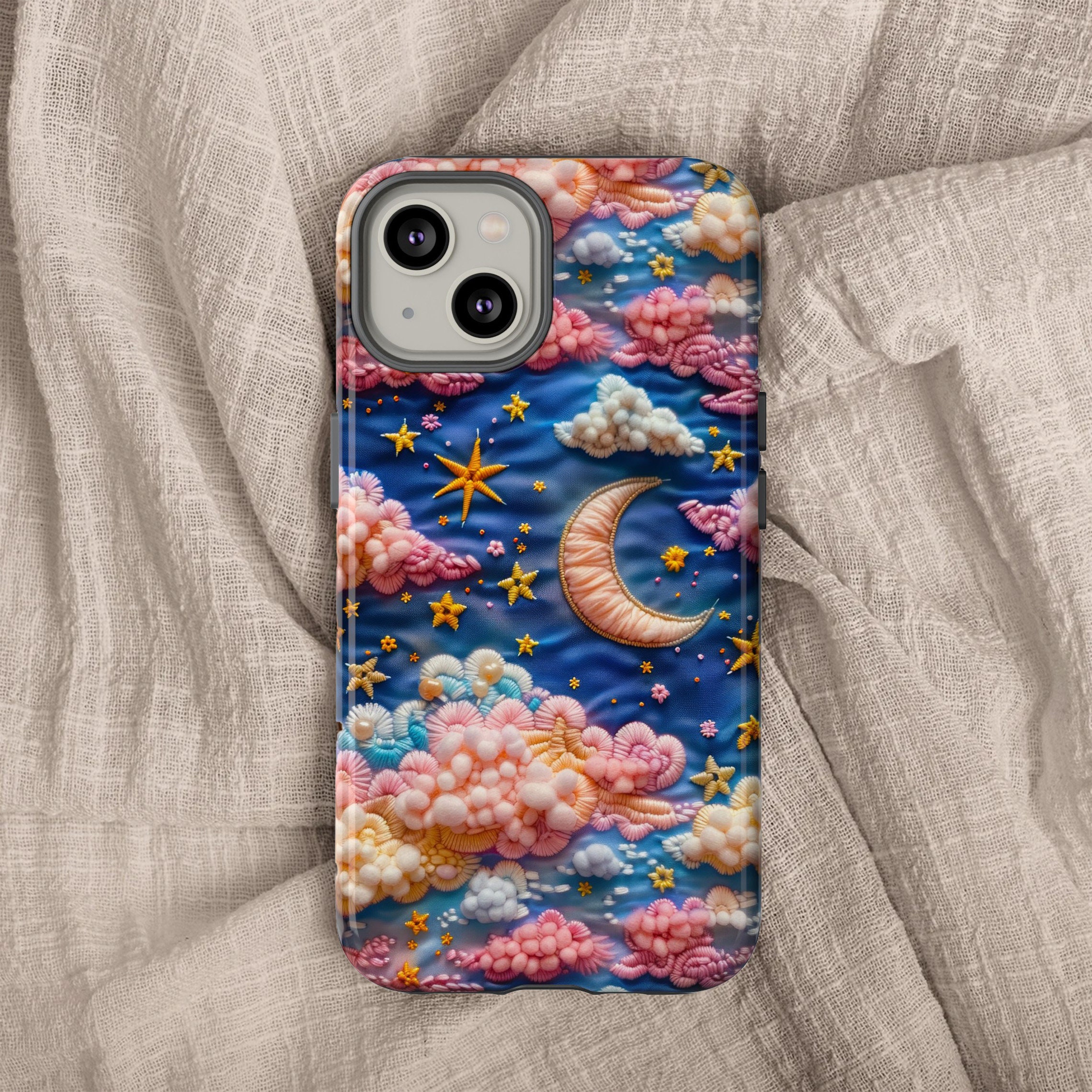 Astral Blossoms 3D Celestial Rainbow Embroidered Phone Case | Colorful Faux Embroidery 3D Stars & Moon Phone Cover For iPhone Samsung Pixel
