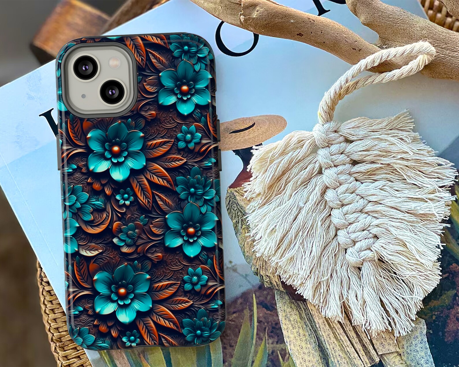 Western Boho Phone Case Faux Tooled Leather Turquoise Floral Phone Case