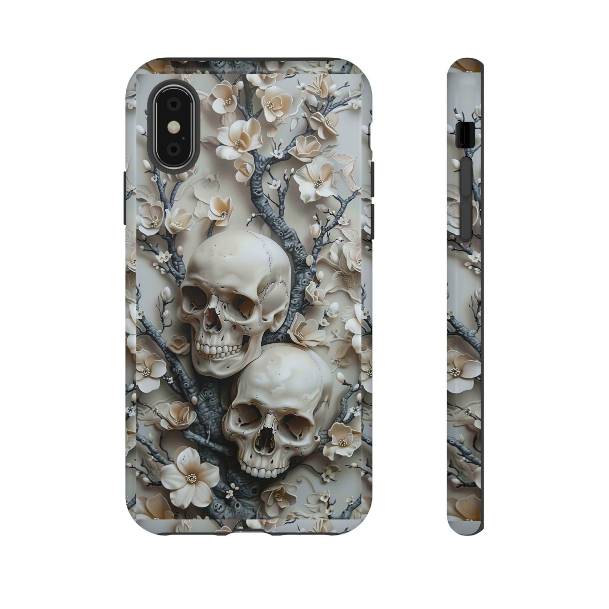 3D Gothic Skulls In Flowers Phone Case | Dark Academia Floral Skull Phone Case | iPhone 15 14 Pro Max, Pixel 8 7, Samsung S24 S23 Ultra Plus