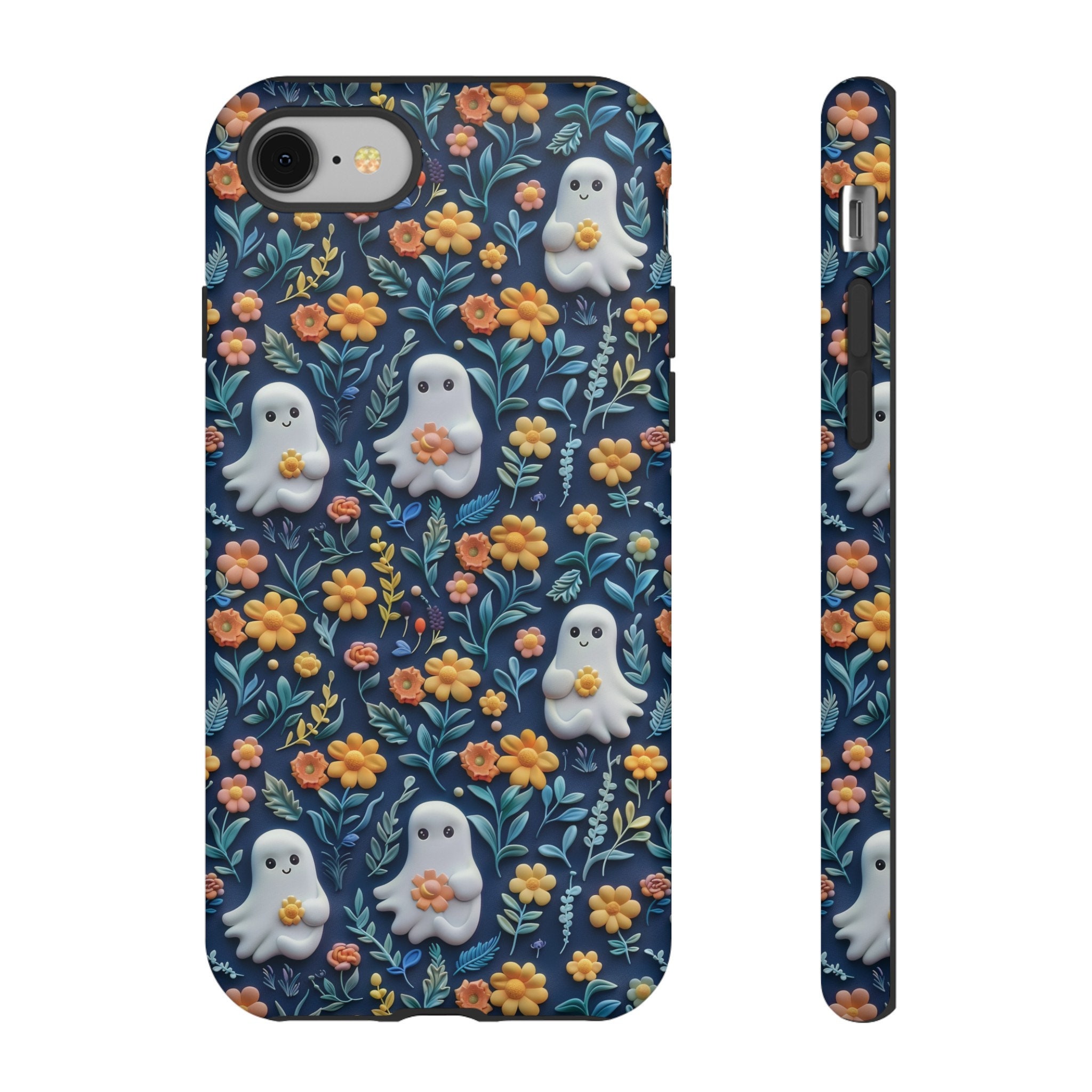 Cute Floral Ghosts Phone Case, 3D Clay Ghosts In Flowers Halloween Phone Cover, iPhone Pro Max, Google Pixel Pro, Samsung Galaxy Plus Ultra
