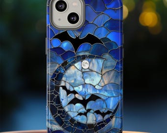 Celestial Stained Glass Moon and Bats Phone Case, Spooky Stain Glass Starry Night Sky Design Phone Cover, iPhone 15, Pixel 8, Samsung S24