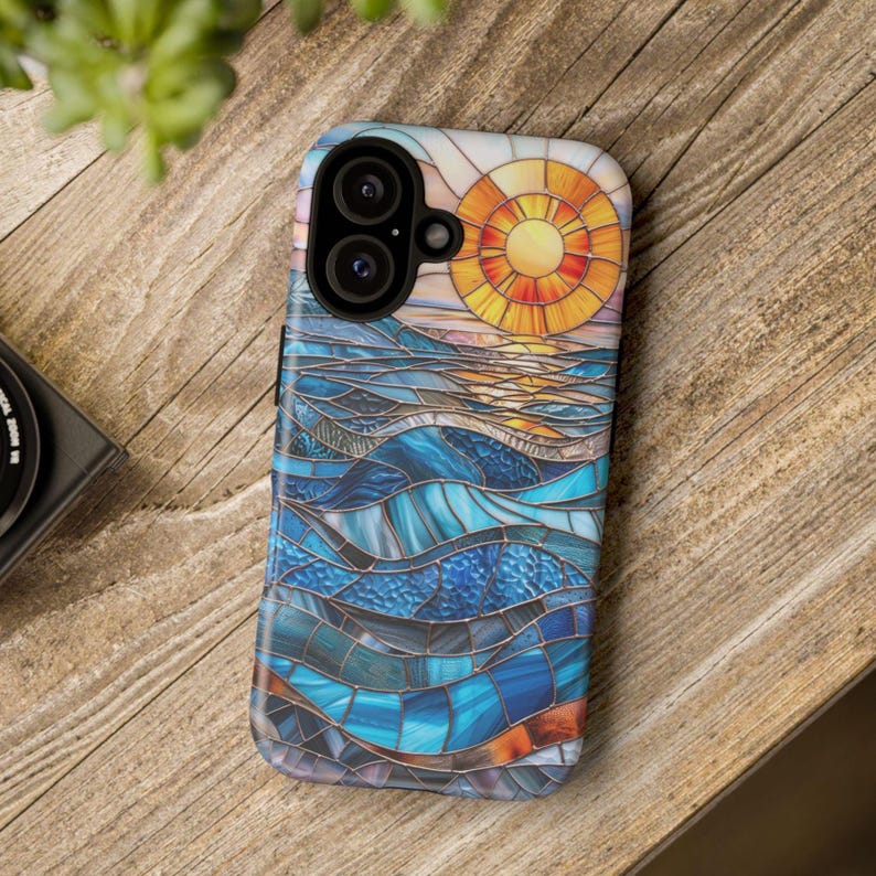 Faux Stained Glass Sunset Phone Case, Mosaic Sunray Ocean Phone Cover, iPhone Google Pixel Samsung Galaxy image 13