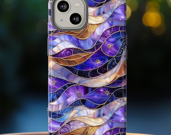 Purple Stained Glass Celestial Phone Case, Lavender Gold Faux Stain Glass Stars Phone Cover, iPhone Pro Max, Pixel Pro, Samsung Ultra Plus