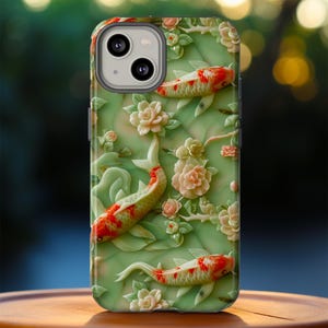 Asian Jade Carving Koi Phone Case, Green Marble Koi Fish Pond, iPhone 16 15 14 Pro Max Google Pixel 9 8 7 Pro Samsung Galaxy S25 24 23 Ultra