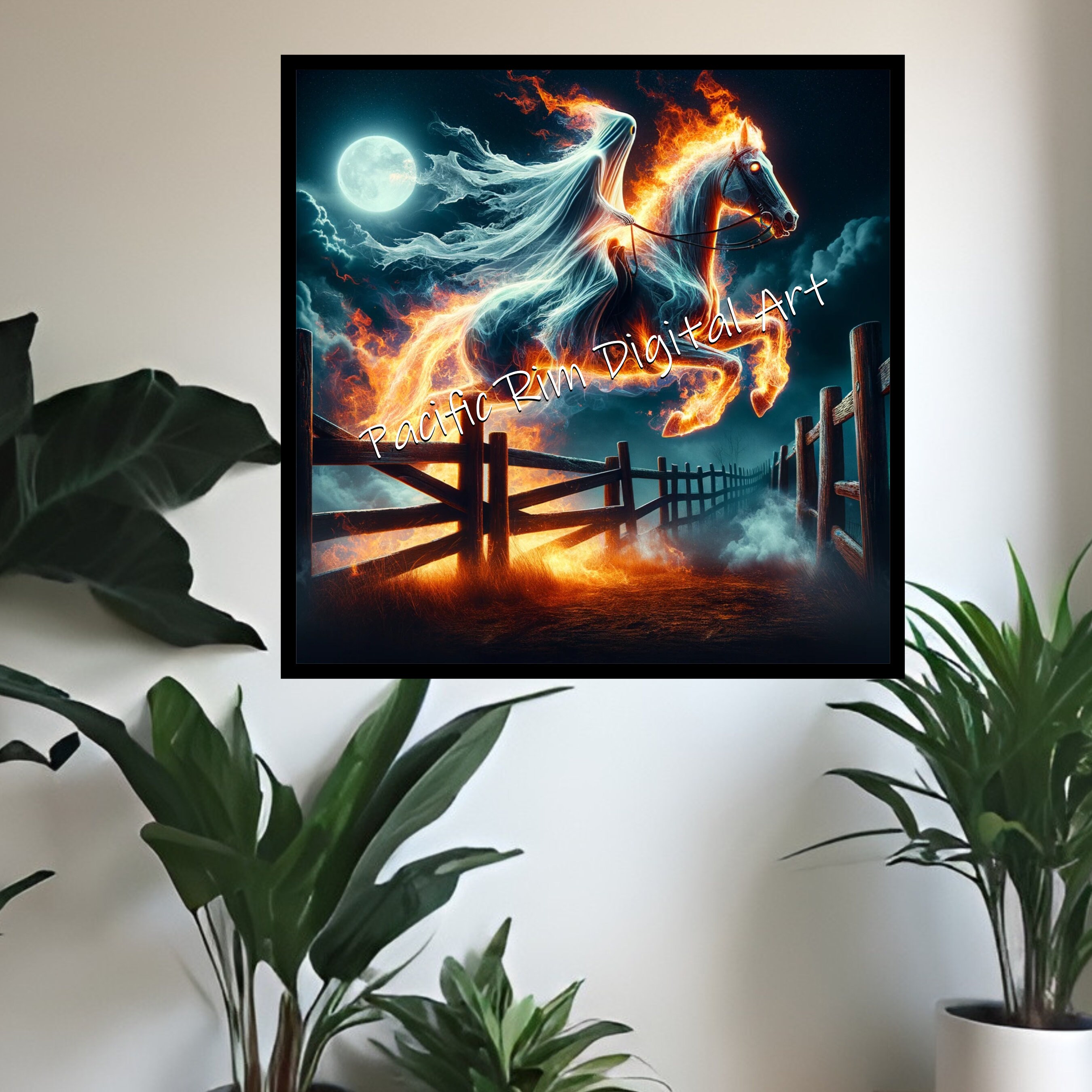 A Fiery Ghost Rider on a Ghost Horse Jumping a Fence at Night ...