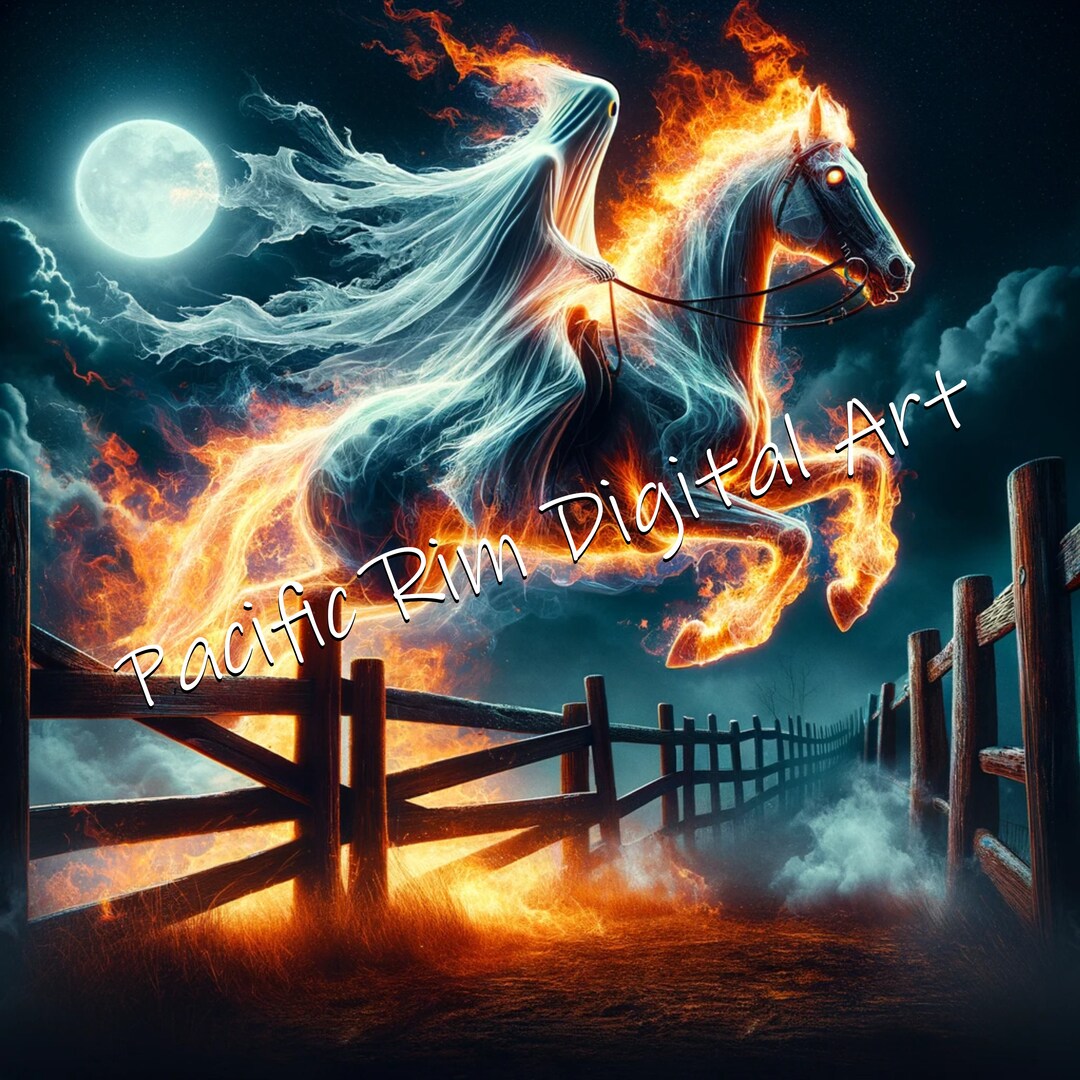 A Fiery Ghost Rider on a Ghost Horse Jumping a Fence at Night ...