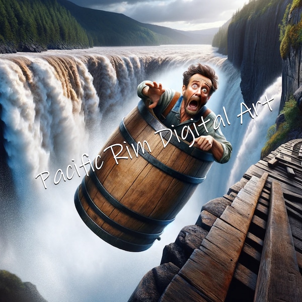 A poignant image of a man in a barrel plummeting over a set of water falls. A scary high resolution image.