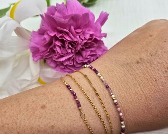 Or Rose | Coffret 3 Bracelets en Or 14k et Pierres Roses | Bracelet Pierre Naturelle | Coffret Cadeau | Style Minimaliste | Cadeau pour elle