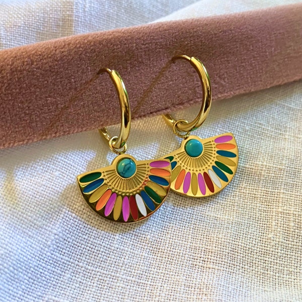 Aztèque | Boucles d'Oreilles en éventail plaquées Or 18K et Pierre Naturelle de Turquoise | Style Bohème Chic | Cadeau pour elle